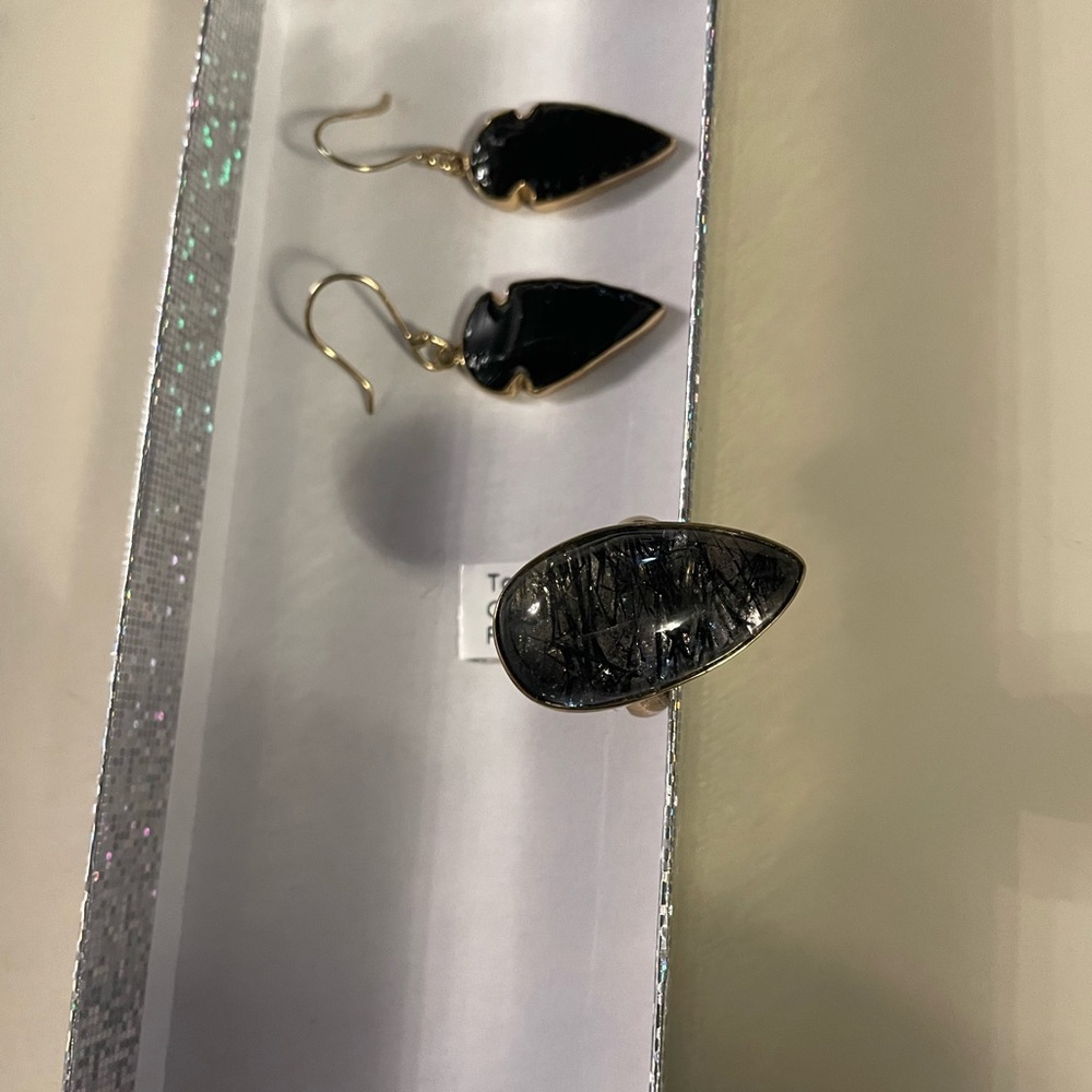 Charles Albert rutile-tourmaline adjustable ring and obsidian arrowhead earrings